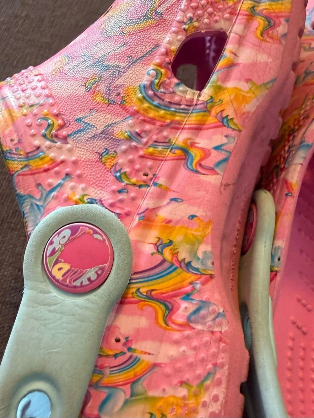 Lisa Frank Crocs Girls Size 2 Pink Floral Sandals - slip on- unicorns, rainbow